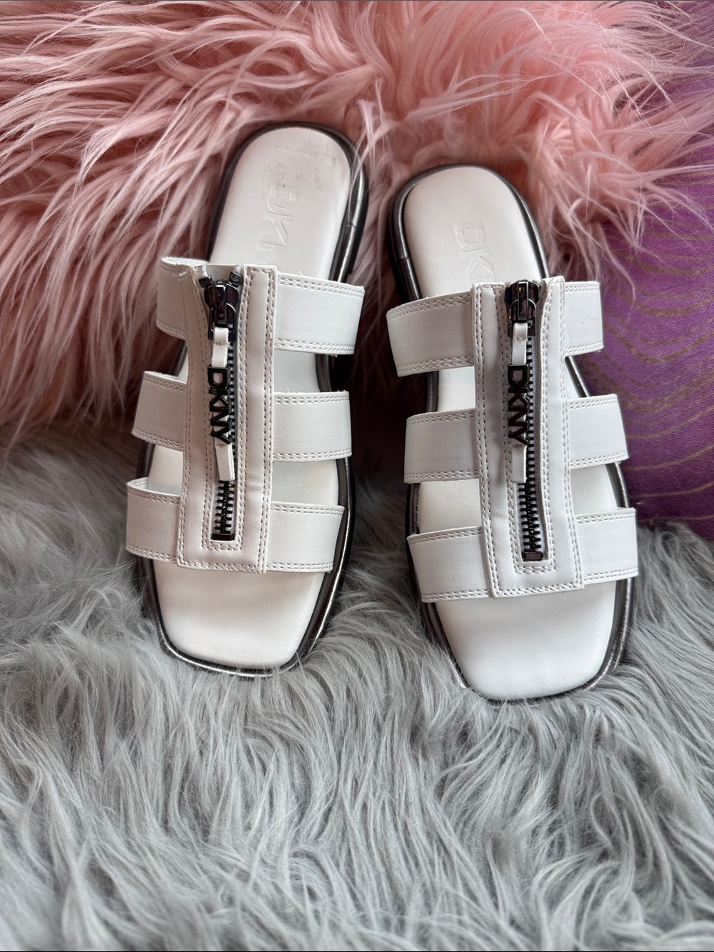 DKNY White Leather Zip-Front Slide Mules